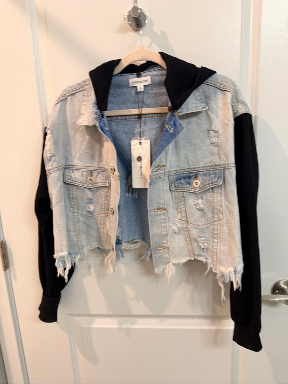 Dance & Marvel Light Wash Denim Jacket with Black Hoodie Sleeves